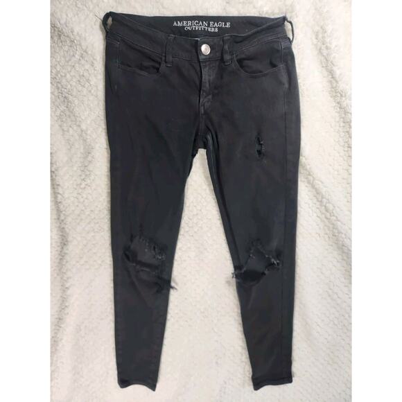 Sz 4 Black American Eagle Womens Jeans Size Four Regular Jegging Distressed - Picture 2 of 6